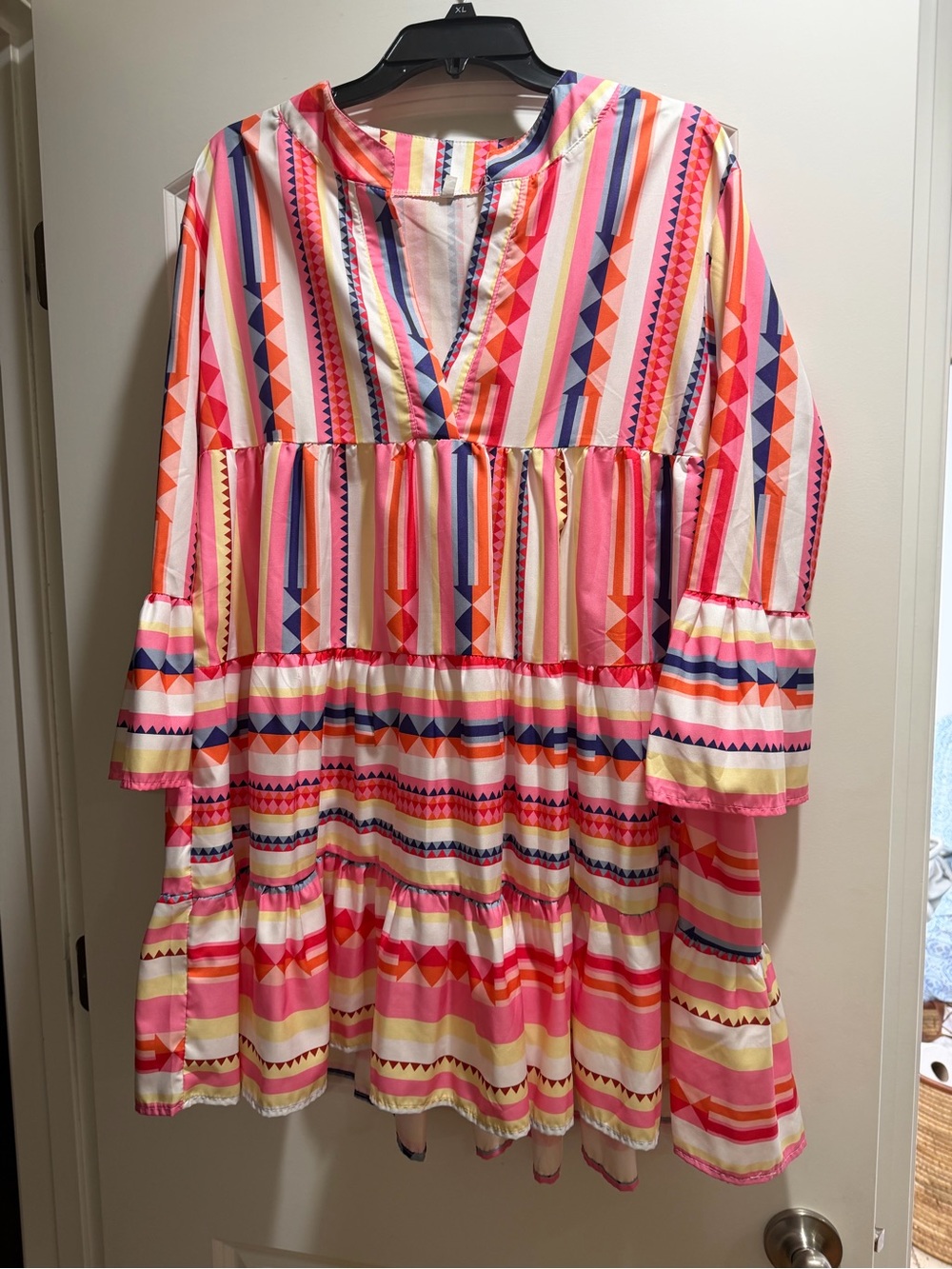 Women's Pink Multi-Stripe Tiered Midi Dress